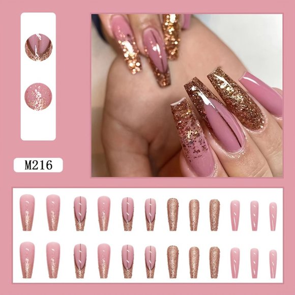 24pcs Pink Long Coffin Fake Nails With Golden Glitter Design - Picture 3 of 8